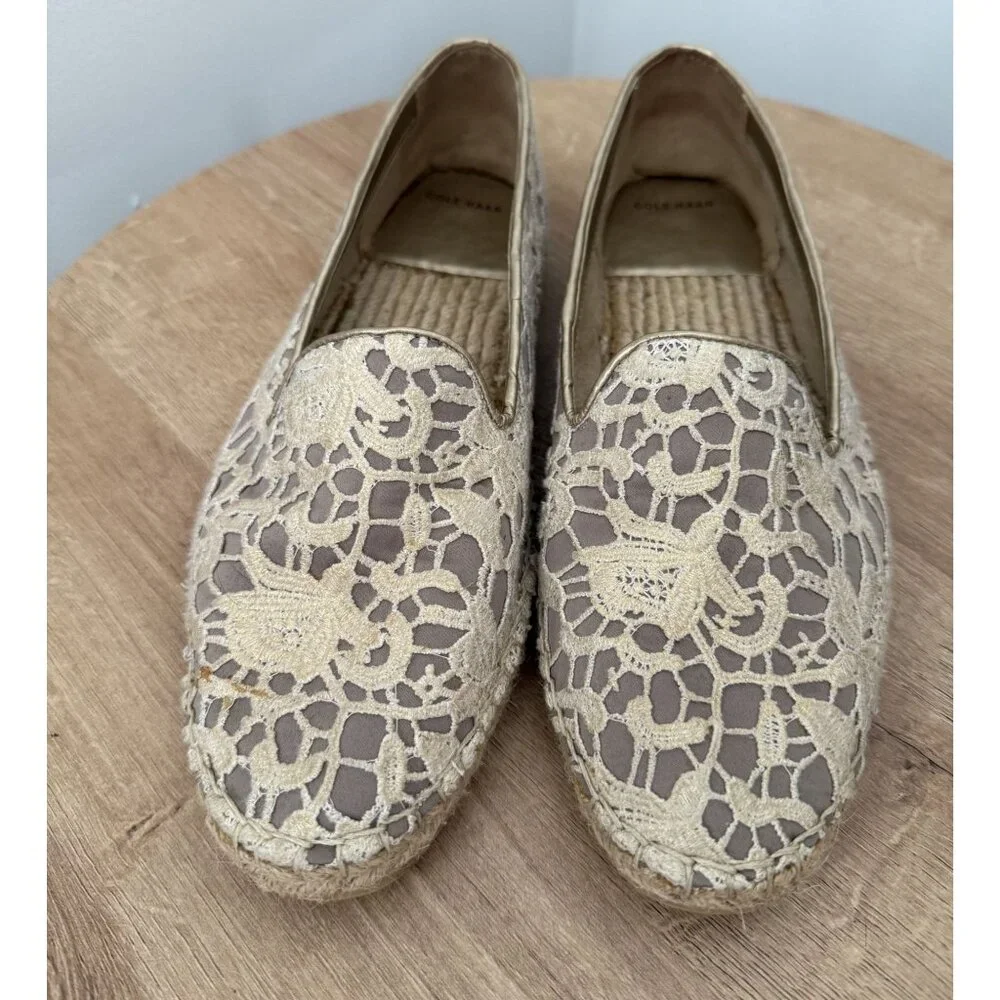 Cole Haan Cream Lace Embroidered Palermo‎ Beige Espadrilles Size 9.5 Bohemain